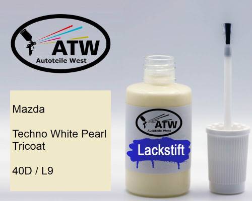 Mazda, Techno White Pearl Tricoat, 40D / L9: 20ml Lackstift, von ATW Autoteile West.